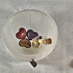 Love Spells, Crystal Hearts, Gift of Love, Selenite Bowl with Heart Charm, Herbs for Love ~ 3 Hearts in a Bowl
