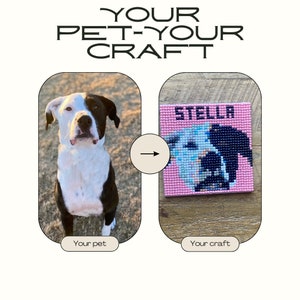 May include: A black and white dog with the name "Stella" beaded on a pink background. The dog is sitting and looking at the camera. The beaded image is on a wooden surface.