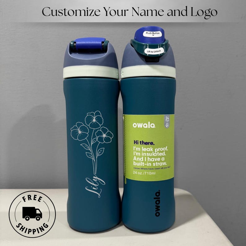 Custom engraved Owala 24oz FreeSip bottle with birth month flower and personalized name, perfect birthday gift for best friend