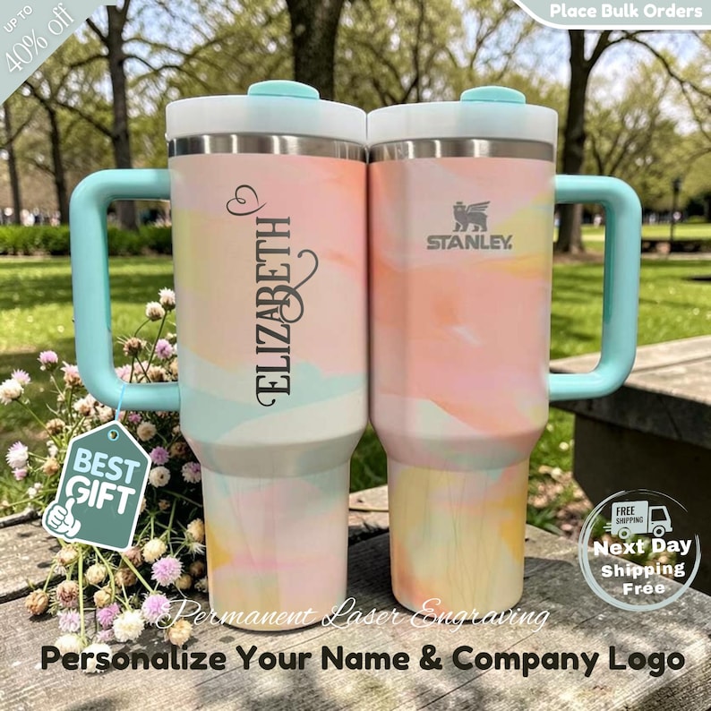 Personalized Stanley 40oz quencher tumbler custom engraved with name and handle, custom drinkware gift