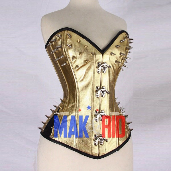 Women Gothic Punk Studs Cone Spike Spot Rivets style Sweet Heart Shape Over Bust corset in Metallic Gold Faux Leather Corset