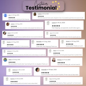 以下が含まれることがあります： 紫と白のグラデーションの背景に、顧客の推薦文が書かれたグラフィック。上部には「Customer Testimonial」の文字。複数の顧客レビューが表示され、それぞれに名前、日付、5つ星評価があり、製品の品質と迅速な発送を称賛しています。