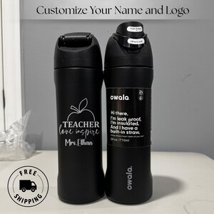 Custom engraved Owala 24oz FreeSip water bottle personalized with teacher name. Thoughtful end of year teacher appreciation gift. Laser engraved reusable drinkware perfect for school teachers.