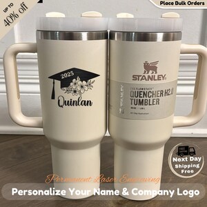 Personalized laser engraved Stanley 40oz tumbler graduation party favor, custom name bulk senior gift cup for her, stainless steel grad mug