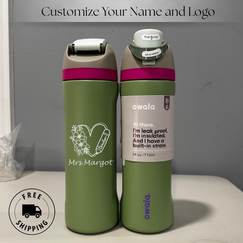 Engraved Owala 24oz FreeSip water bottle personalized with worlds best teacher name. Custom laser engraved. Ideal heartfelt teacher day appreciation gift for school and preschool teachers.