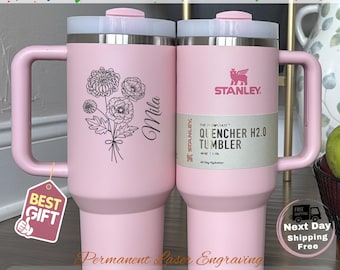 Personalized Birth Flower Stanley 40oz Tumbler | Laser Engraved Bridesmaid Proposal Gift | Custom Name Birthday Cup, Gifts for Her
