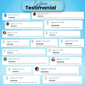 May include: A light blue graphic with the words "Customer Testimonial" and star accents. The graphic features customer reviews with star ratings and comments about product quality, shipping, and customer service.