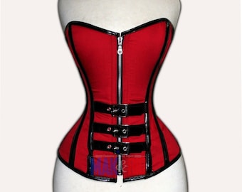 Heavy Duty Steel Boned Overbust Waist Trainer Twill Cotton PVC Vinyl Corset, Zipper Buckled Corset, Body Shaper Corset