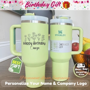 Engraved Floral Stanley Tumbler: Personalized 40oz Birthday Gift
