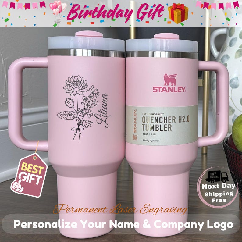 Birth Flower Personalized Name 40oz Tumbler Personalized Bridesmaid Gift, Custom Birthday Gift Personalized Gift For Her, Graduation Gift