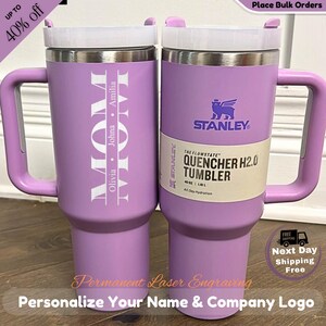 Luxury personalized 40oz Stanley tumbler with a permanent laser-engraved name. High-end stainless steel finish with a minimalist aesthetic, perfect for Mother’s Day and special occasion gifting.