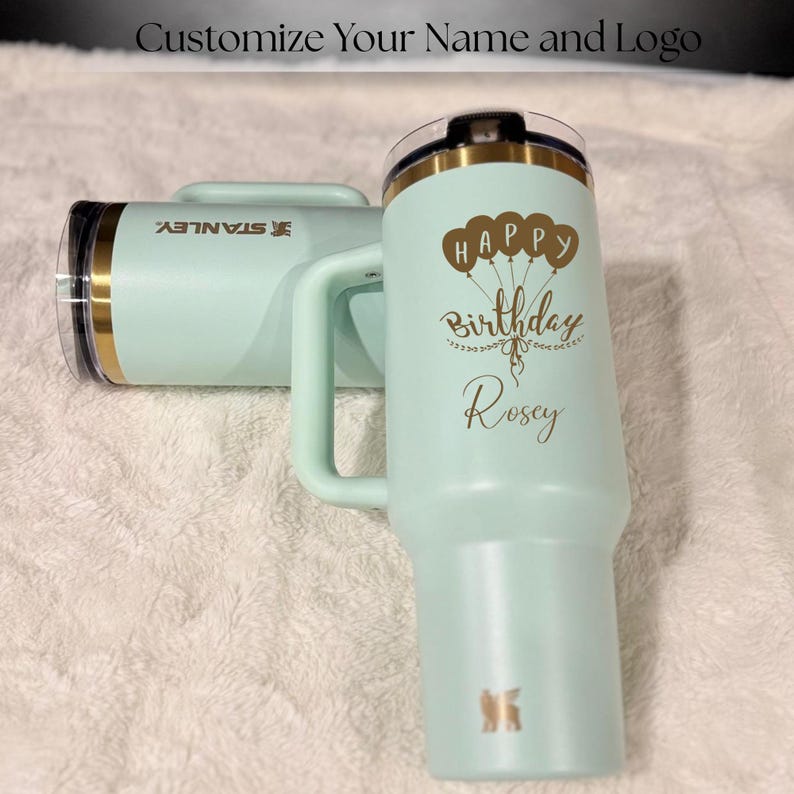 Stanley Quencher ProTour 40oz flip straw tumbler with gold laser engraving and custom name. A unique personalized birthday gift for sister or daughter.