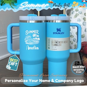 Personalized Stanley Tumbler: Engraved Stainless Steel Travel Mug, Beach Palm Tree Design