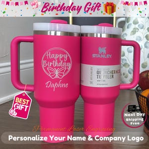 Premium personalized 40oz Stanley tumblers with high-definition laser-engraved logos and names. A clean, minimalist display of bulk custom drinkware for business and bachelorette groups.