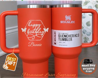 Vaso Stanley Quencher personalizado de 1,2 litros / Taza personalizada con nombre y flor de nacimiento grabada / Regalo para el Día de la Madre, Regalo de cumpleaños para ella, Regalo para mamá