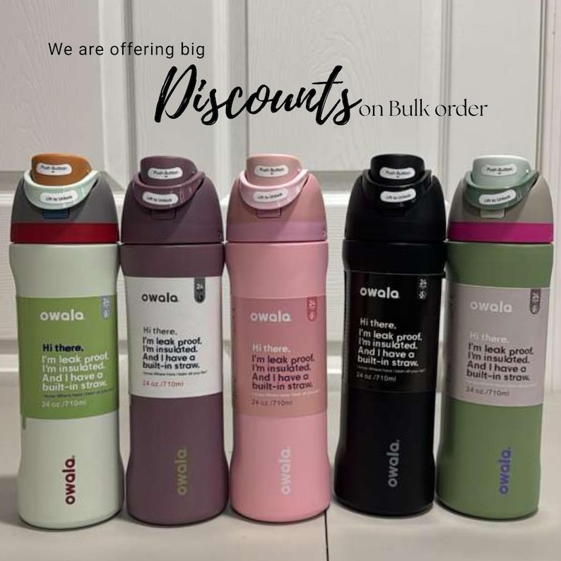 May include: Five Owala insulated water bottles in various colors: beige, purple, pink, black, and green. Each bottle has a push-button lid and a built-in straw. The bottles are 24 oz / 710ml. Text on the bottles reads: "Hi there, I'm leak proof, I'm insulated, And I have a built-in straw."