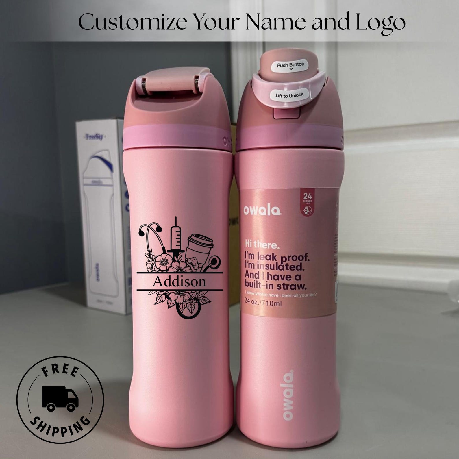 Engraved Stainless Steel Owala 24oz Freesip Water Bottle, Personalized ...