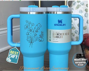 Personalized Birth Flower Stanley Tumbler | Laser Engraved Name Cup | Mother’s Day, Bridesmaid Proposal, Summer Vacation Gift, 40oz Quencher