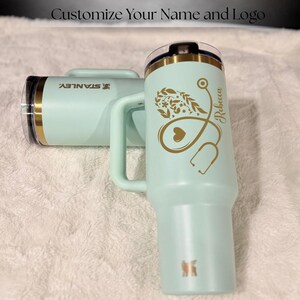 Custom laser engraved Stanley Quencher ProTour Flip Straw 40oz personalized tumbler, nurse RN doctor gift for hospital medical staff, Laser engraved personalized Stanley Quencher ProTour Flip Straw 40oz tumbler, nurse RN doctor gift, healthcare worker and medical staff appreciation cup