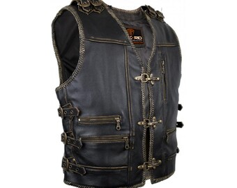 Handmade Men's Genuine Cow Leather Heavy Zipper Buckled Rocker Biker Motorcycle Hand Braided Vintage Waistcoat Vest Antique Gun Pocket S6-A