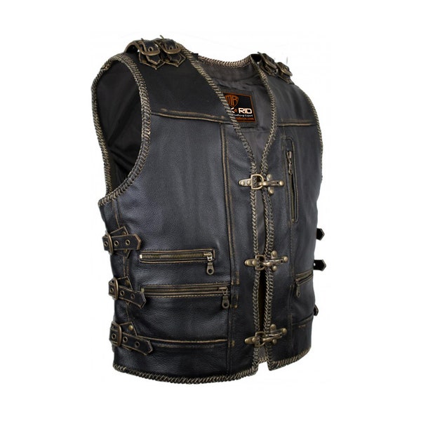 Handmade Men's Genuine Cow Leather Heavy Zipper Buckled Rocker Biker Motorcycle Hand Braided Vintage Waistcoat Vest Antique Gun Pocket S6-A