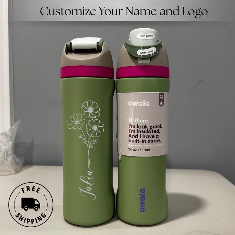 Custom engraved Owala 24oz FreeSip bottle with birth month flower and personalized name, perfect birthday gift for best friend