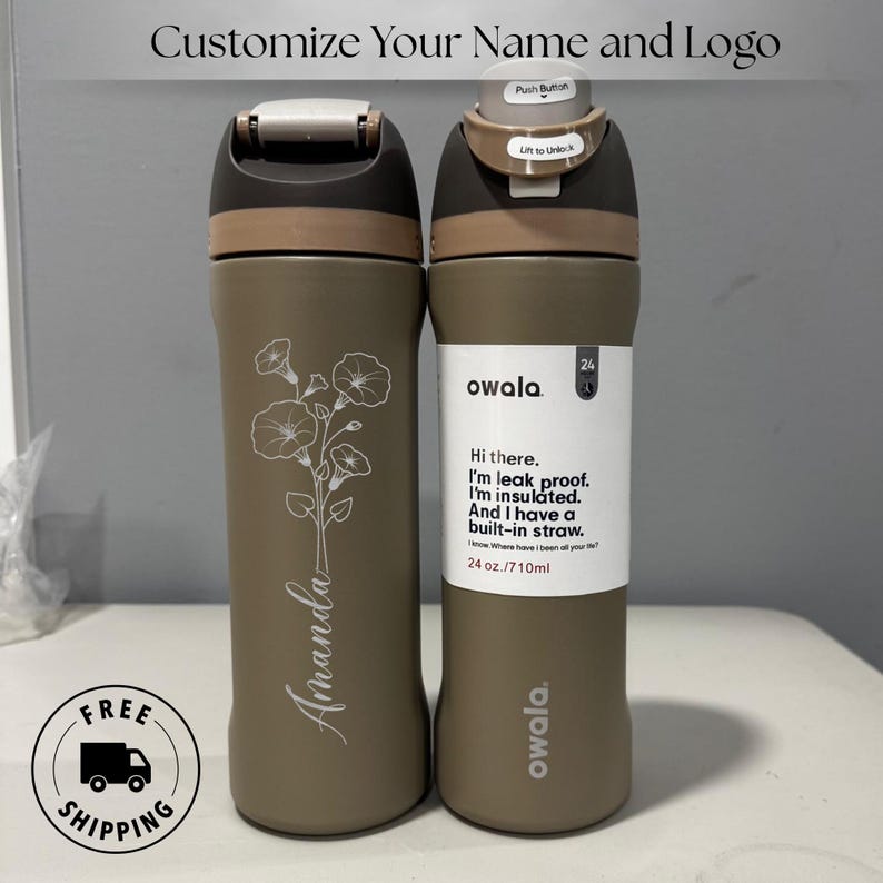 Custom engraved Owala 24oz FreeSip bottle with birth month flower and personalized name, perfect birthday gift for best friend