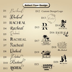 以下が含まれることがあります： ベージュ色の背景に、さまざまなフォントとスタイルで「Racheal」という名前が表示されたさまざまなデザインオプションが表示されています。「Select Your Design」というテキストが上部にあります。その他のデザインには、カスタムロゴオプション、イニシャル、テーマグラフィックが含まれます。
