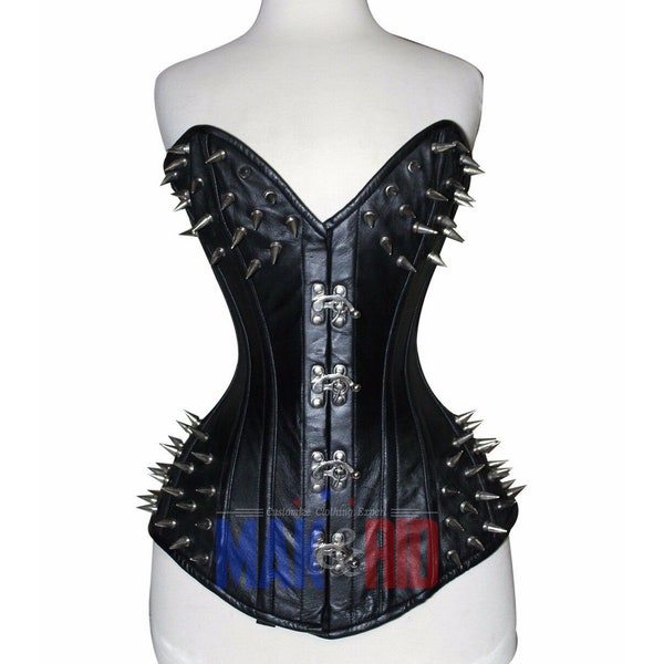 Women Gothic Punk Studs Cone Spike Spot Rivets style Sweet Heart Shape Over Bust corset Black Real Leather Corset C116L