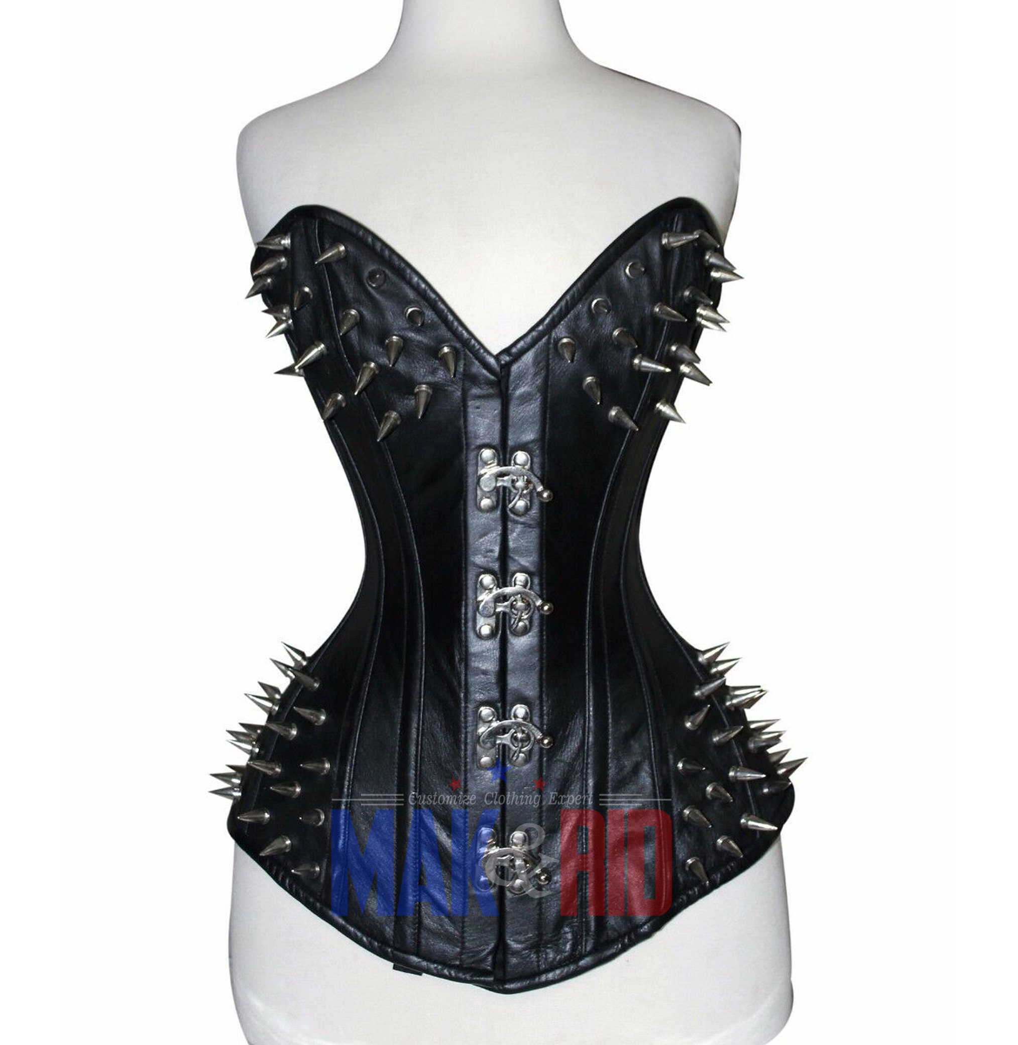 Women Gothic Punk Studs Cone Spike Spot Rivets Style Sweet Heart Shape Over  Bust Corset Black Real Leather Corset C116L 