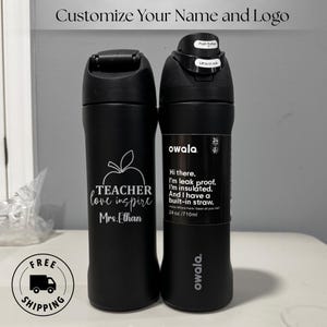 Engraved Owala 24oz FreeSip water bottle personalized with worlds best teacher name. Custom laser engraved. Ideal heartfelt teacher day appreciation gift for school and preschool teachers.