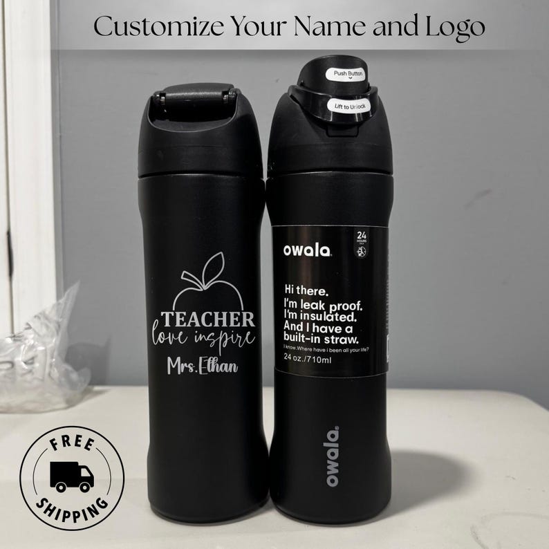Engraved Owala 24oz FreeSip water bottle personalized with worlds best teacher name. Custom laser engraved. Ideal heartfelt teacher day appreciation gift for school and preschool teachers.