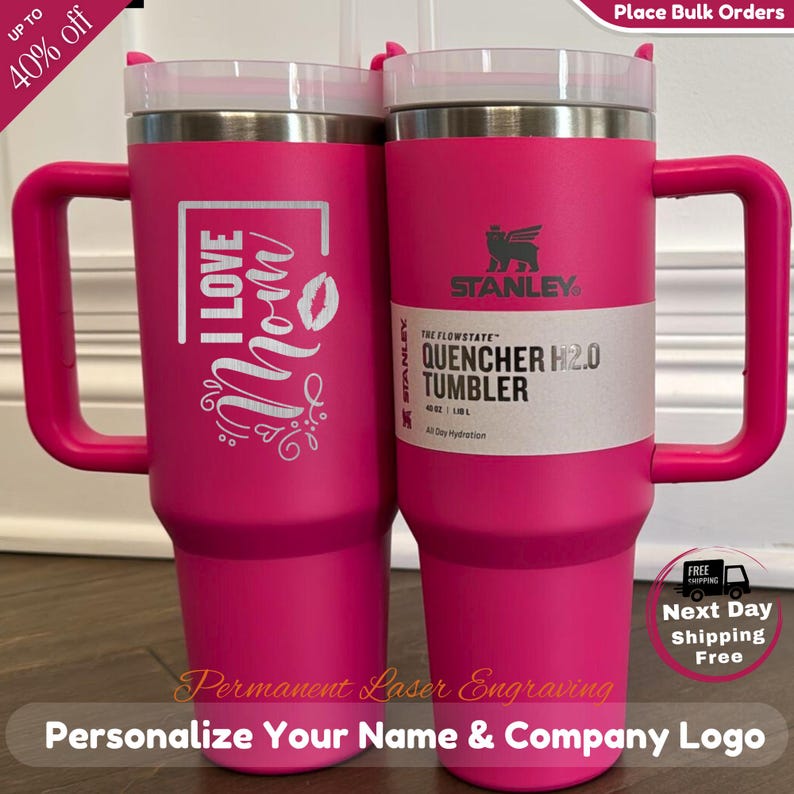 Luxury personalized 40oz Stanley tumbler with a permanent laser-engraved name. High-end stainless steel finish with a minimalist aesthetic, perfect for Mother’s Day and special occasion gifting.