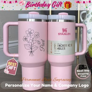 Custom Birth Flower Engraved Stanley Tumbler: Personalized Stainless Steel Water Bottle