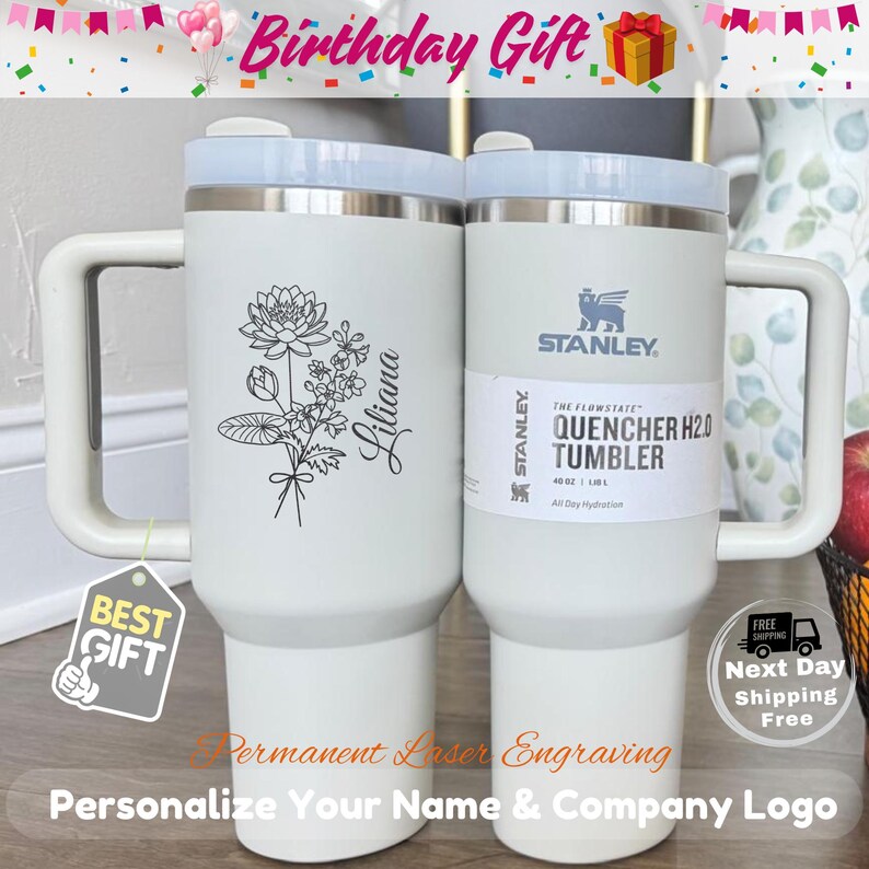 Birth Flower Personalized Name 40oz Tumbler Personalized Bridesmaid Gift, Custom Birthday Gift Personalized Gift For Her, Graduation Gift