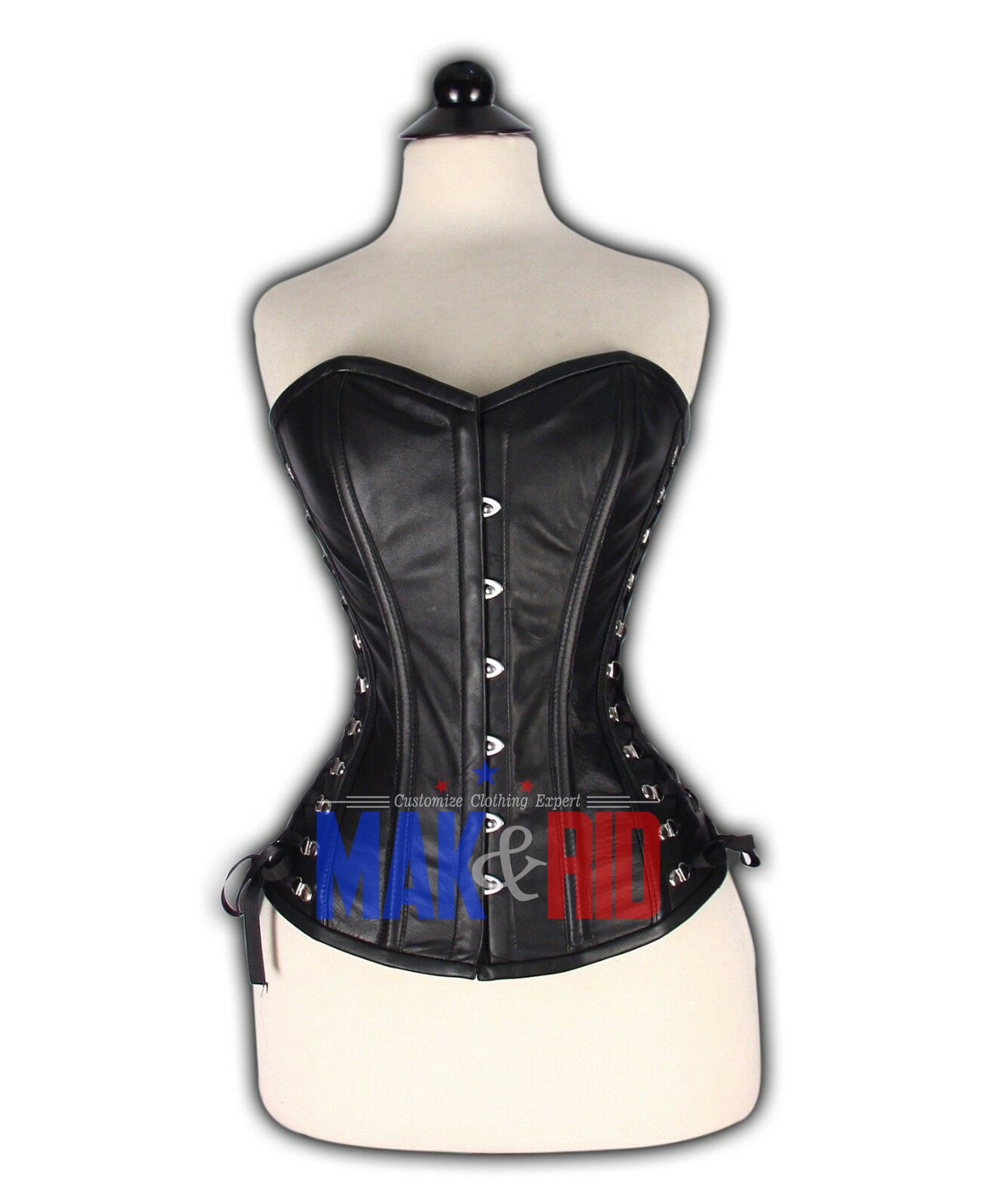Women’s Heavy Duty Overbust Corset | Authentic Steel Boned Leather Bustier with Zipper Corset