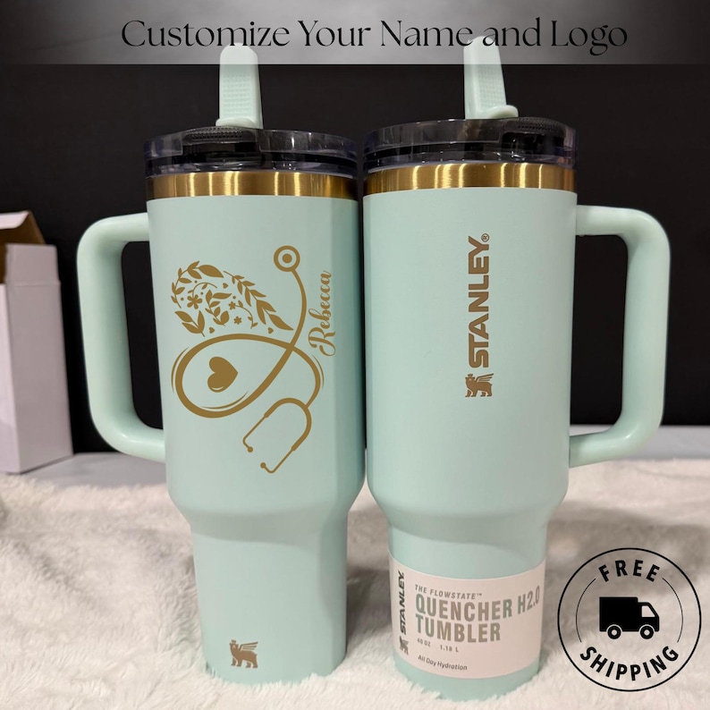 Custom laser engraved Stanley Quencher ProTour Flip Straw 40oz personalized tumbler, nurse RN doctor gift for hospital medical staff, Laser engraved personalized Stanley Quencher ProTour Flip Straw 40oz tumbler, nurse RN doctor gift, healthcare worker and medical staff appreciation cup