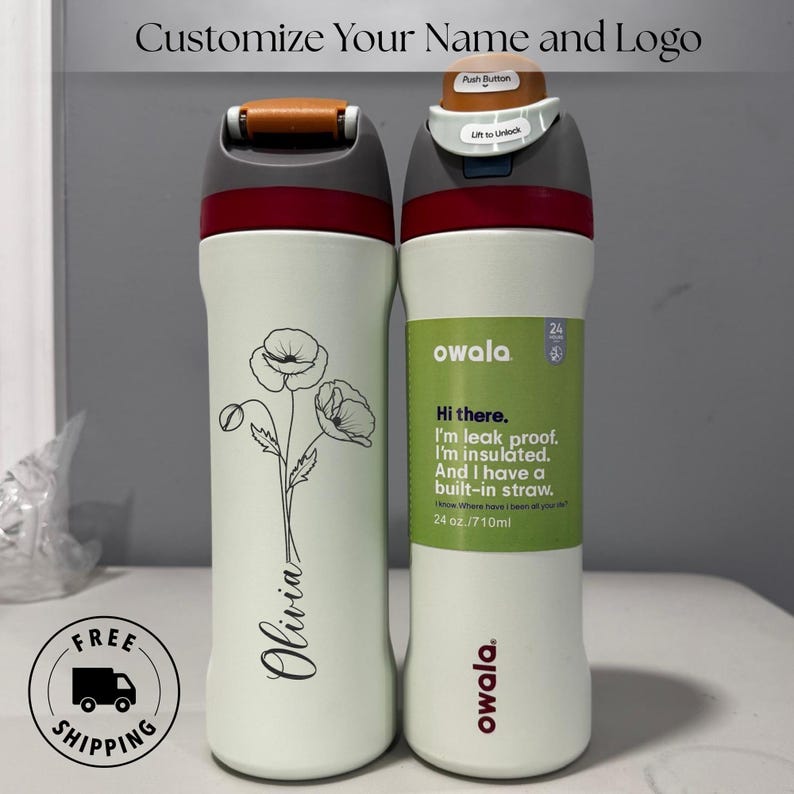 Custom engraved Owala 24oz FreeSip water bottle with January birth flower carnation and custom name. Perfect personalized birthday gift for her. Laser engraved reusable floral drinkware.