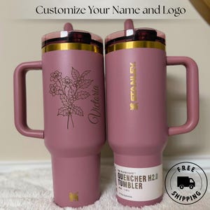 Gold laser engraved Stanley style 40oz tumbler featuring a personalized name, designed as a unique birthday gift for women. Includes a flip straw lid and sturdy handle for convenience and daily use. This insulated tumbler keeps beverages hot or cold for extended periods and offers a stylish and modern look, making it a thoughtful and practical personalized gift.
