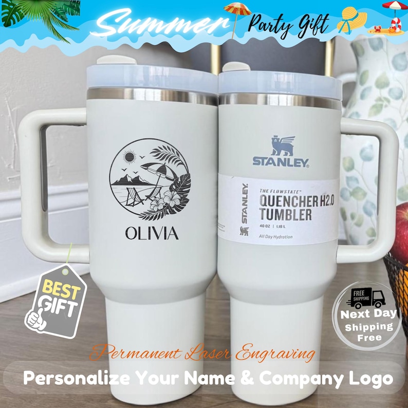 Personalized Stanley 40oz tumbler with laser engraved beach design and custom name, insulated travel mug with handle and straw lid, perfect summer drinkware gift