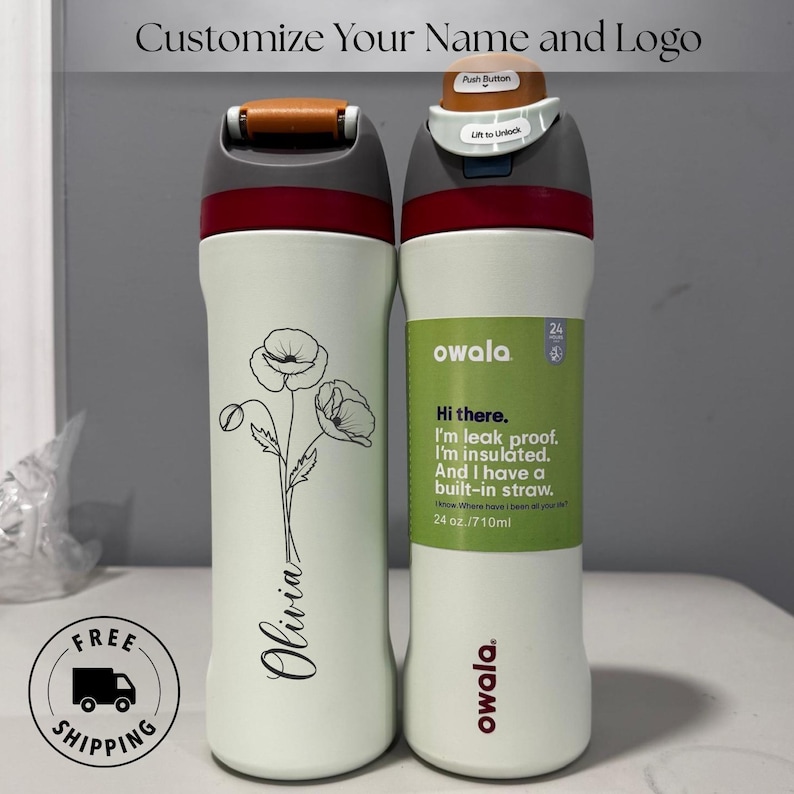 Custom engraved Owala 24oz FreeSip bottle with birth month flower and personalized name, perfect birthday gift for best friend