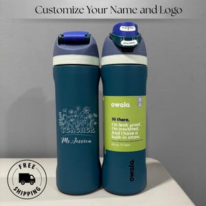 Engraved Owala 24oz FreeSip water bottle personalized with worlds best teacher name. Custom laser engraved. Ideal heartfelt teacher day appreciation gift for school and preschool teachers.