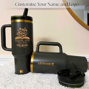 Custom engraved Stanley Quencher 40oz tumbler, personalized teacher or professor cup, gold laser engraved name, end-of-year gift, classroom gift, flip straw tumbler, teacher appreciation, Sir Teacher present