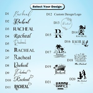 May include: A selection of design options featuring the name "Racheal" in various fonts and styles. The designs include floral accents, initials, and themed graphics like palm trees, an anchor, and a gnome. Text at the top reads "Select Your Design."