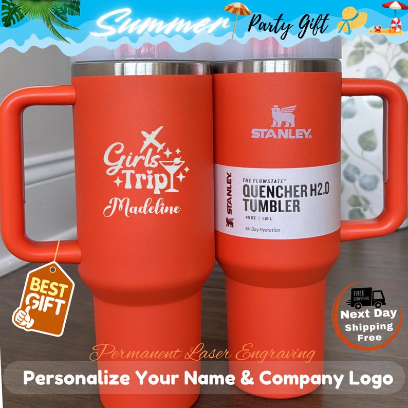 Custom vacation tumbler engraved with name, beach girls trip and cruise cup, insulated travel mug perfect for bachelorette and group travel gifts