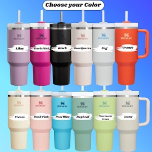 Premium personalized 40oz Stanley tumblers with high-definition laser-engraved logos and names. A clean, minimalist display of bulk custom drinkware for business and bachelorette groups.