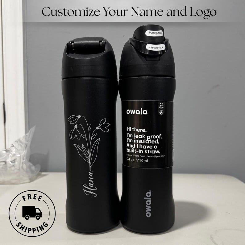Custom engraved Owala 24oz FreeSip bottle with birth month flower and personalized name, perfect birthday gift for best friend
