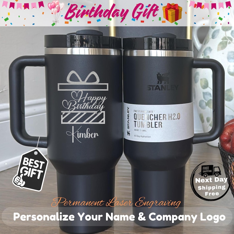 Premium personalized 40oz Stanley tumblers with high-definition laser-engraved logos and names. A clean, minimalist display of bulk custom drinkware for business and bachelorette groups.