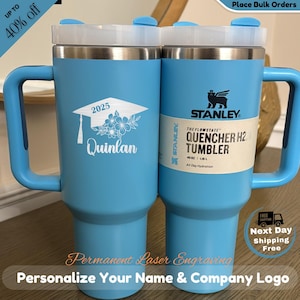 Personalized laser engraved Stanley 40oz tumbler graduation party favor, custom name bulk senior gift cup for her, stainless steel grad mug