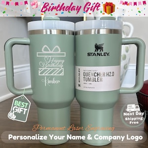 Premium personalized 40oz Stanley tumblers with high-definition laser-engraved logos and names. A clean, minimalist display of bulk custom drinkware for business and bachelorette groups.